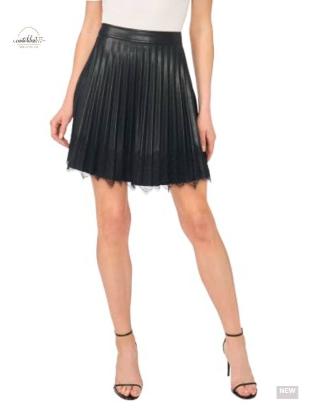 Faux Leather Pleated Mini Skirt Lace Hem A-Line Contemporary
